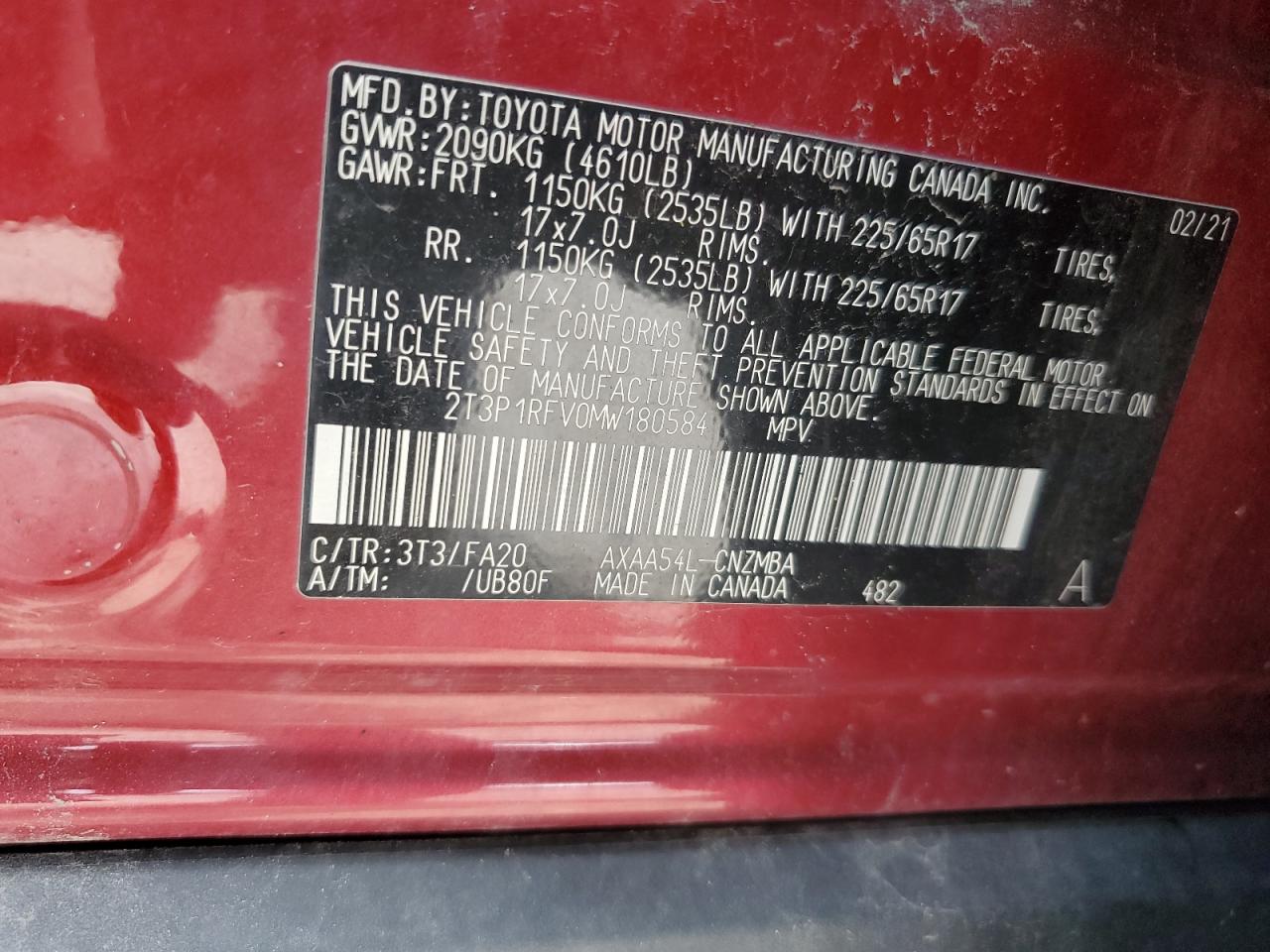 2021 Toyota Rav4 Xle VIN: 2T3P1RFV0MW180584 Lot: 65281825