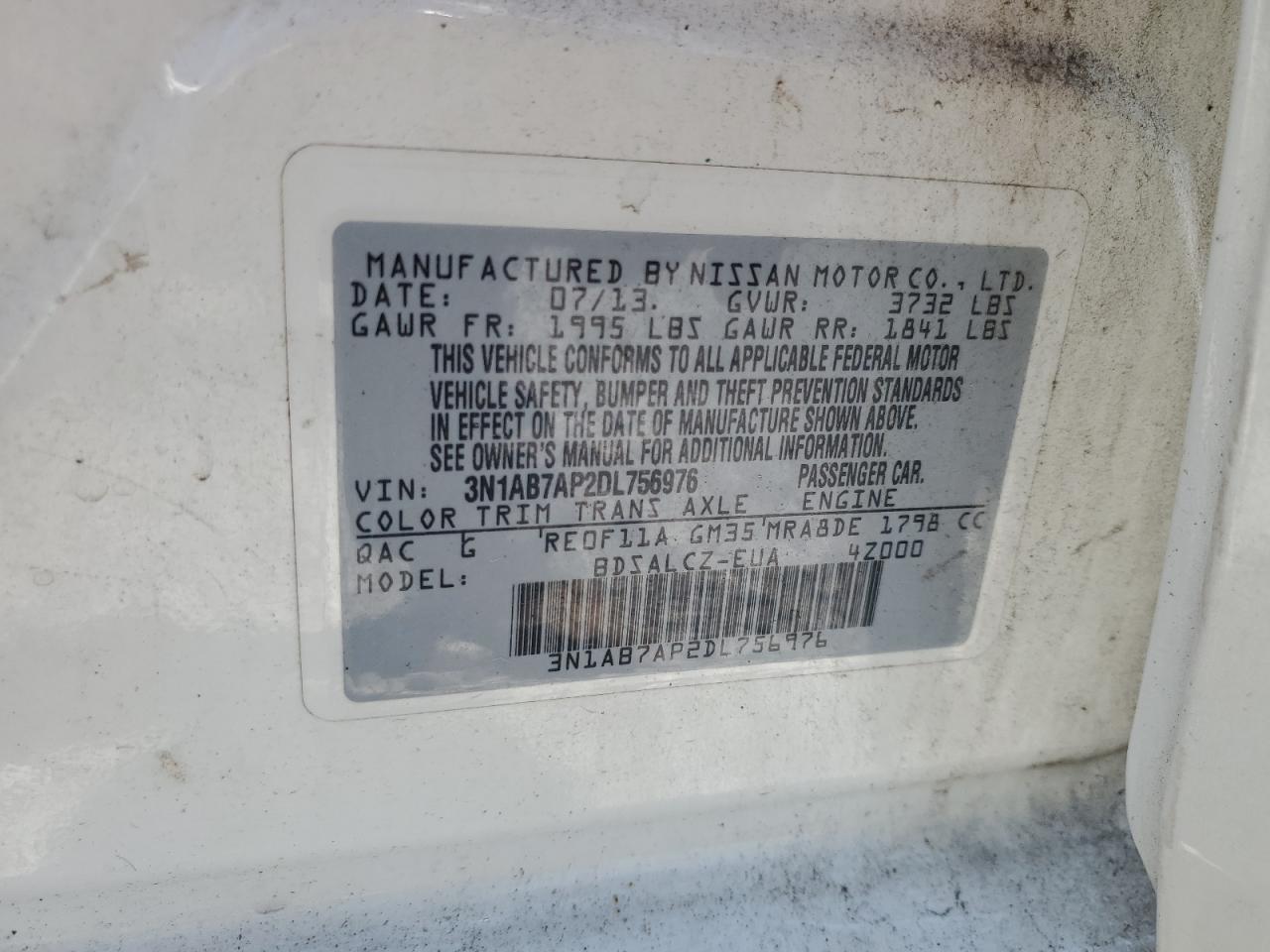 2013 Nissan Sentra S VIN: 3N1AB7AP2DL756976 Lot: 62908945