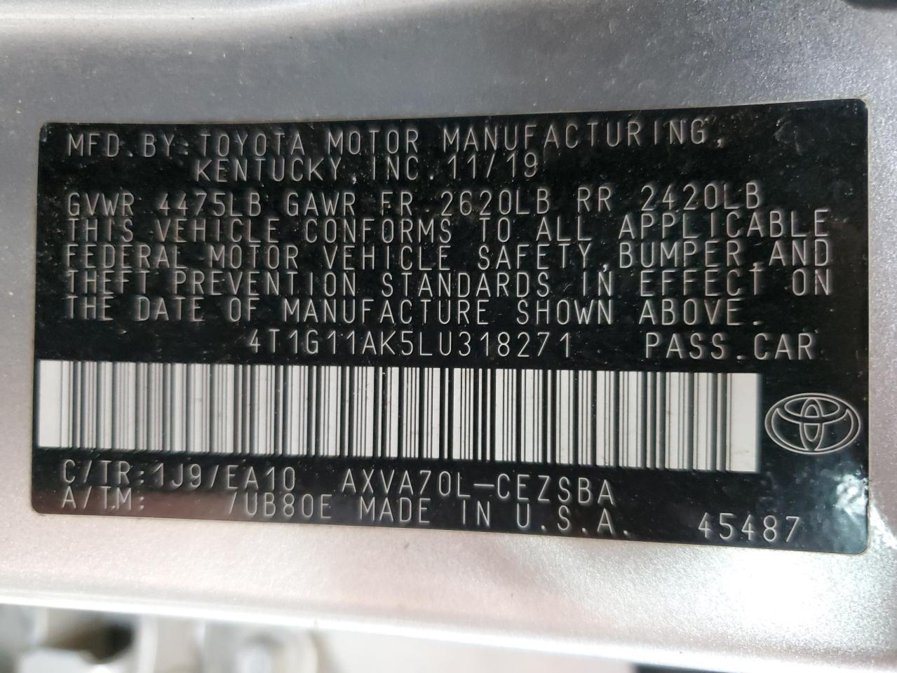 2020 Toyota Camry Se VIN: 4T1G11AK5LU318271 Lot: 65205255