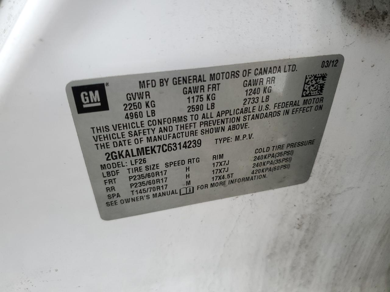 2012 GMC Terrain Sle VIN: 2GKALMEK7C6314239 Lot: 65696125