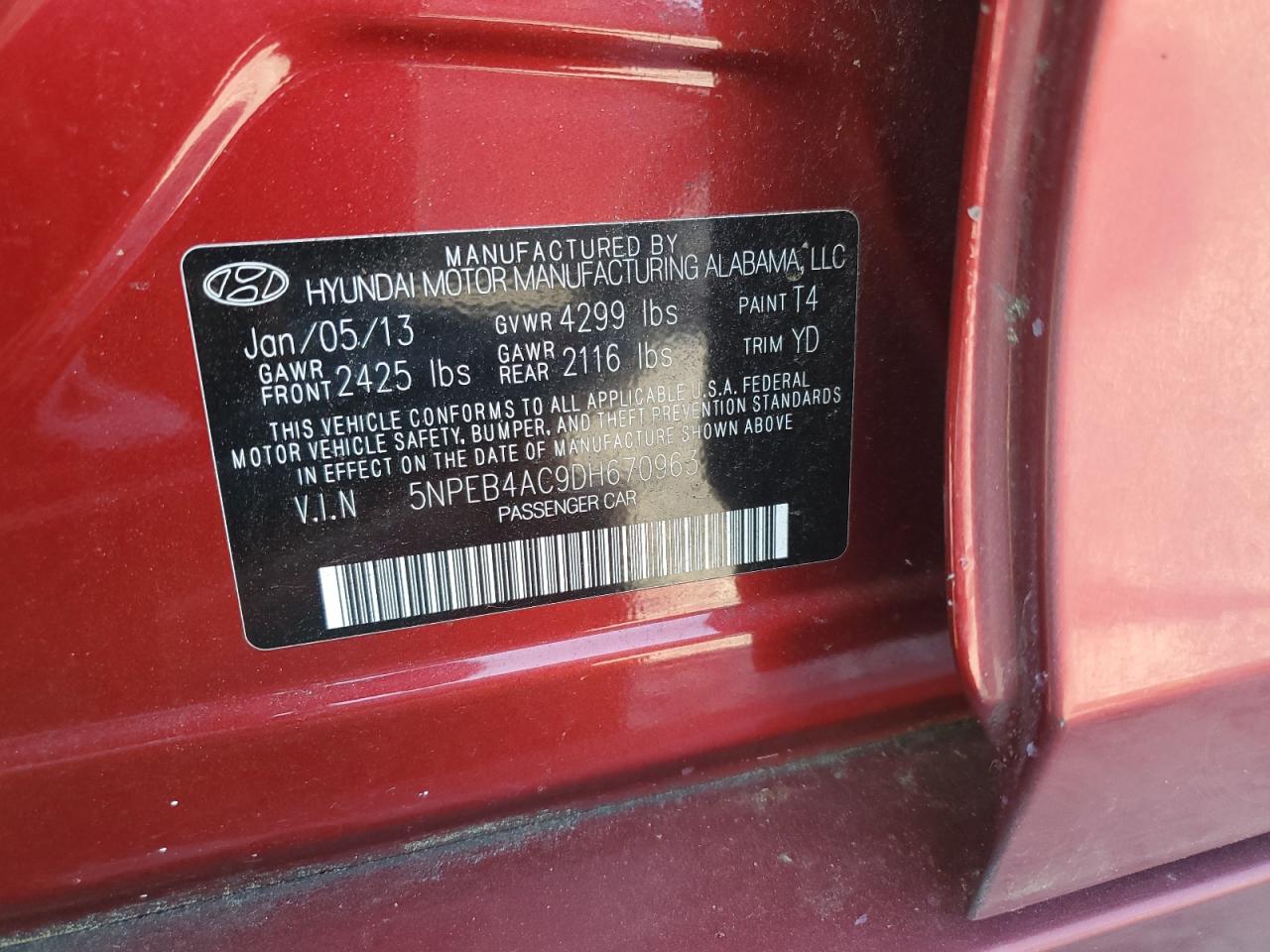 2013 Hyundai Sonata Gls VIN: 5NPEB4AC9DH670963 Lot: 63557045