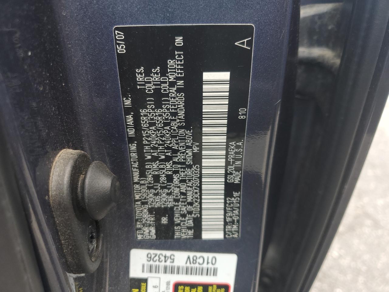 2007 Toyota Sienna Ce VIN: 5TDZK23CX7S070325 Lot: 69914435