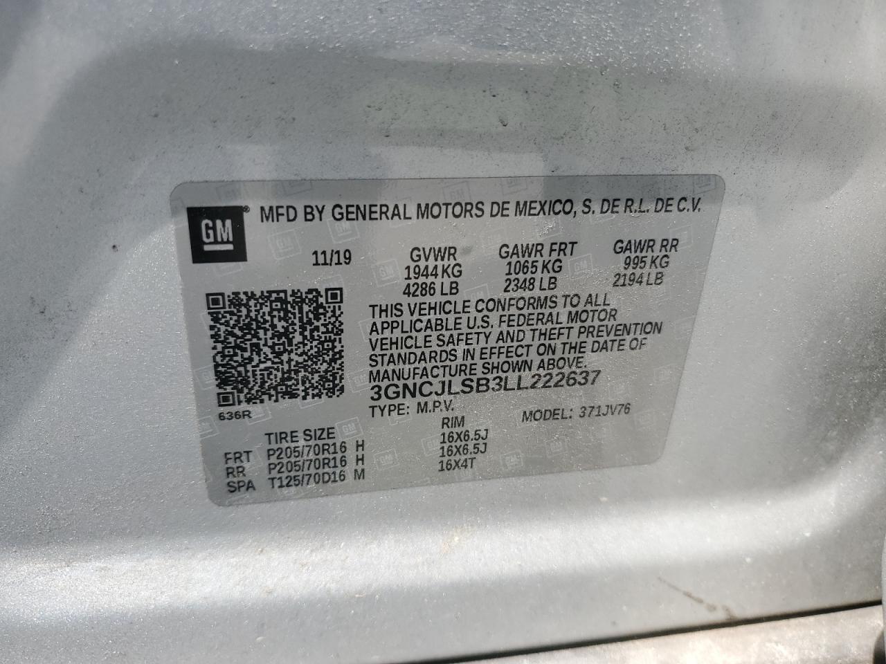 2020 Chevrolet Trax 1Lt VIN: 3GNCJLSB3LL222637 Lot: 66372165