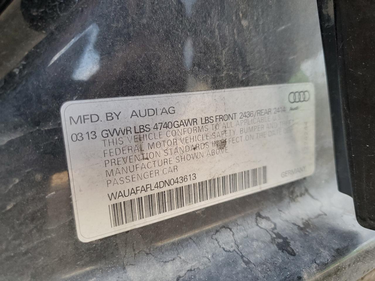 2013 Audi A4 Premium VIN: WAUAFAFL4DN043613 Lot: 64851325