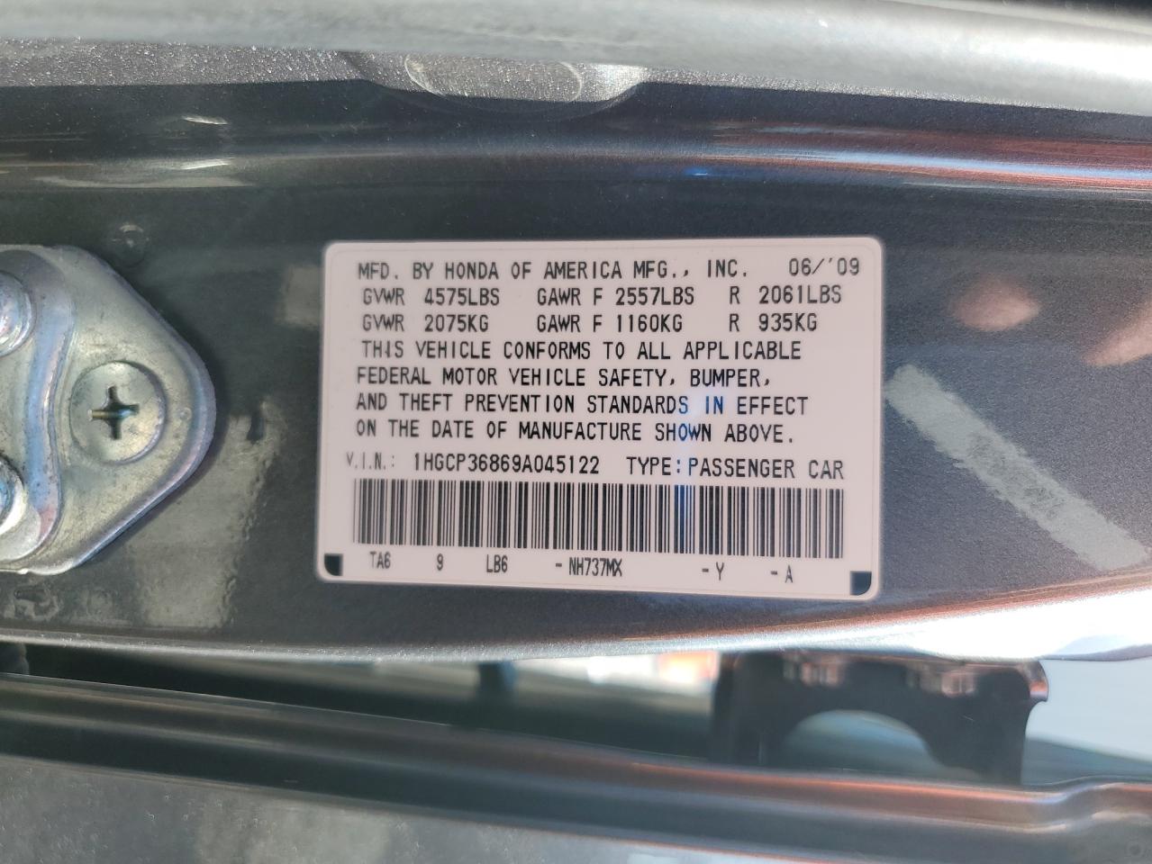 2009 Honda Accord Exl VIN: 1HGCP36869A045122 Lot: 66465055