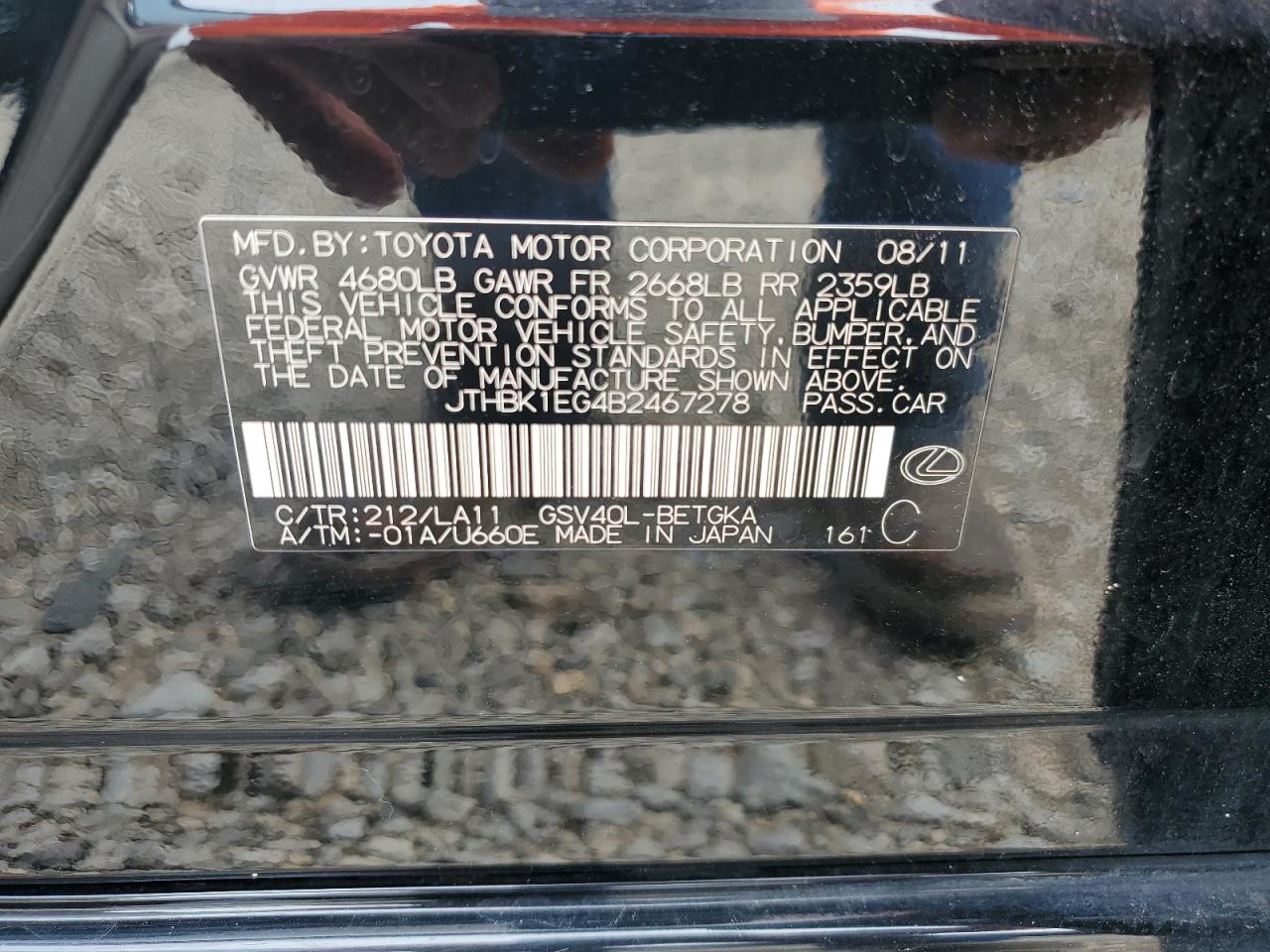 2011 Lexus Es 350 VIN: JTHBK1EG4B2467278 Lot: 66553875