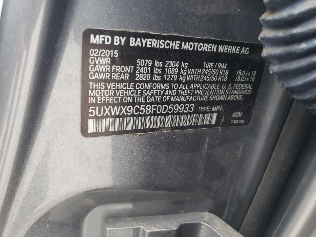 2015 BMW X3 xDrive28I VIN: 5UXWX9C58F0D59933 Lot: 65054715