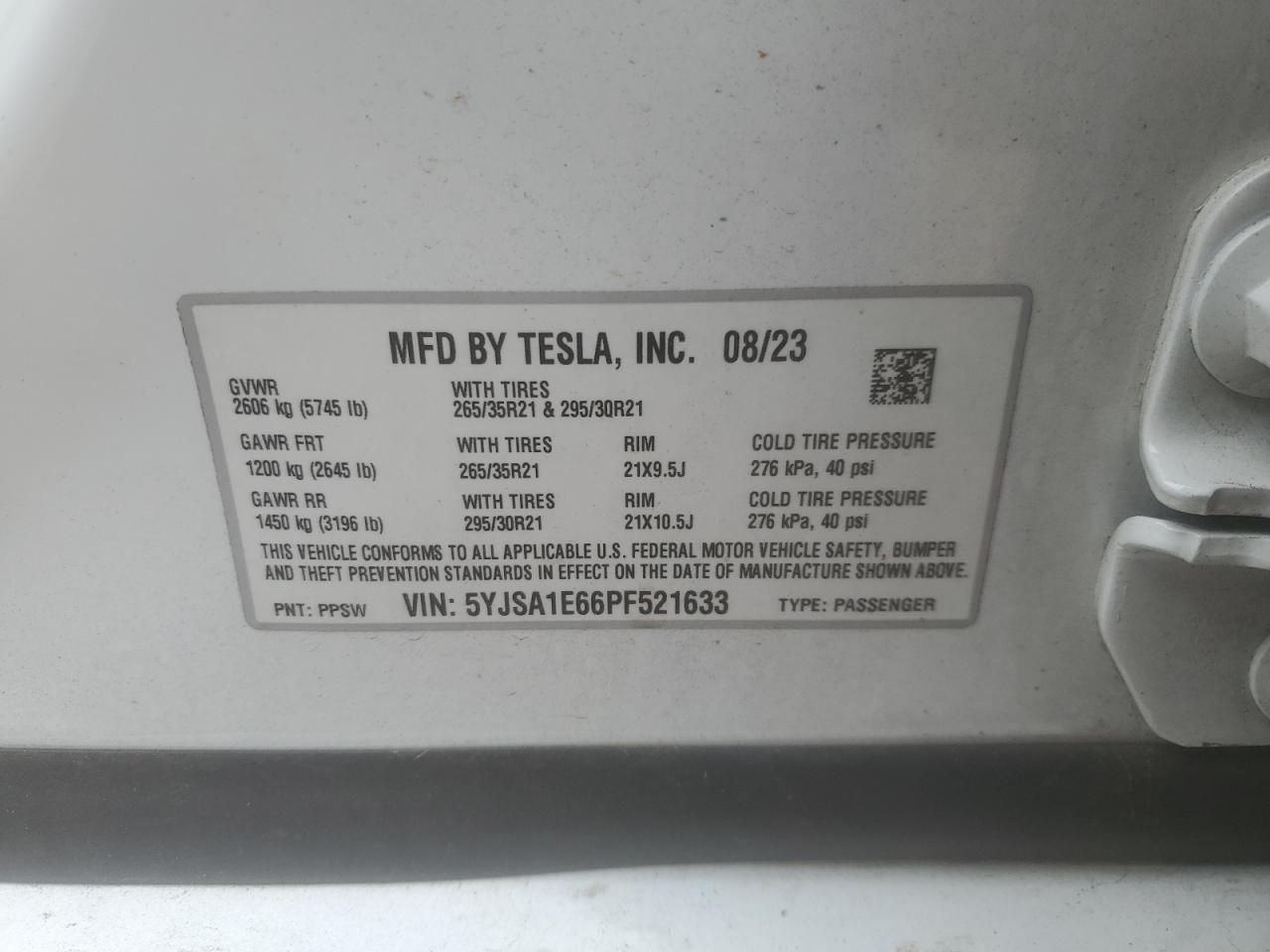 2023 Tesla Model S VIN: 5YJSA1E66PF521633 Lot: 65048275