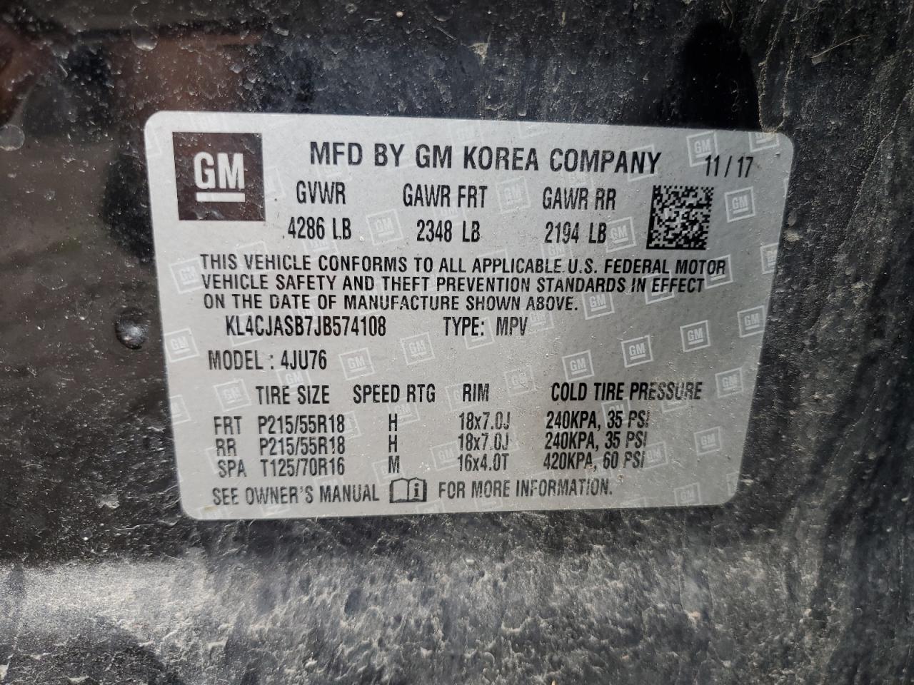 2018 Buick Encore Preferred VIN: KL4CJASB7JB574108 Lot: 65029165