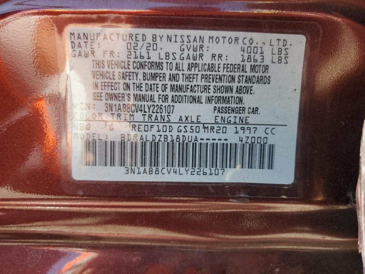 2020 Nissan Sentra Sv VIN: 3N1AB8CV4LY226107 Lot: 64038705