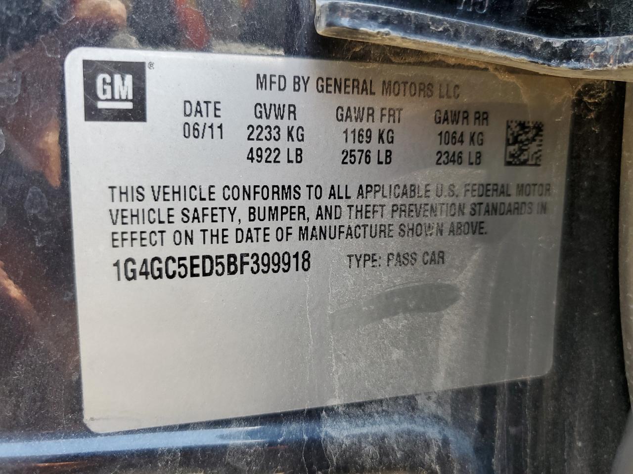 2011 Buick Lacrosse Cxl VIN: 1G4GC5ED5BF399918 Lot: 64208585