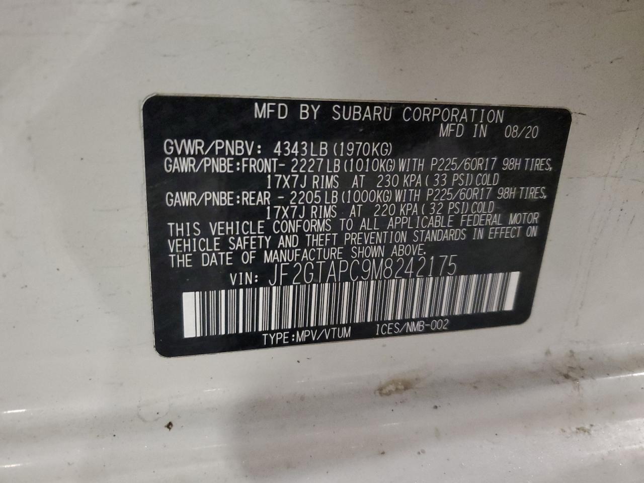 2021 Subaru Crosstrek Premium VIN: JF2GTAPC9M8242175 Lot: 62987685