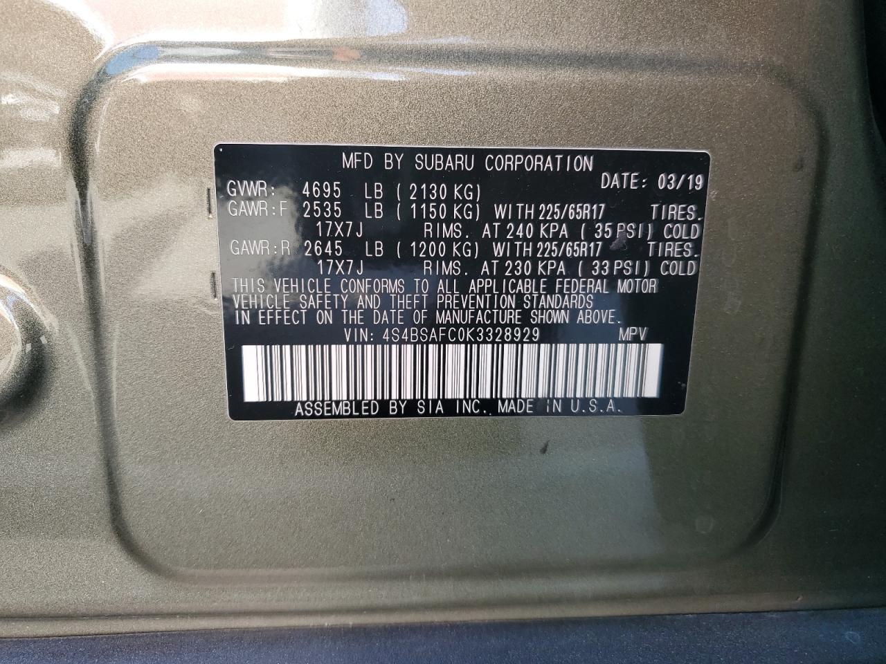 2019 Subaru Outback 2.5I Premium VIN: 4S4BSAFC0K3328929 Lot: 64987635