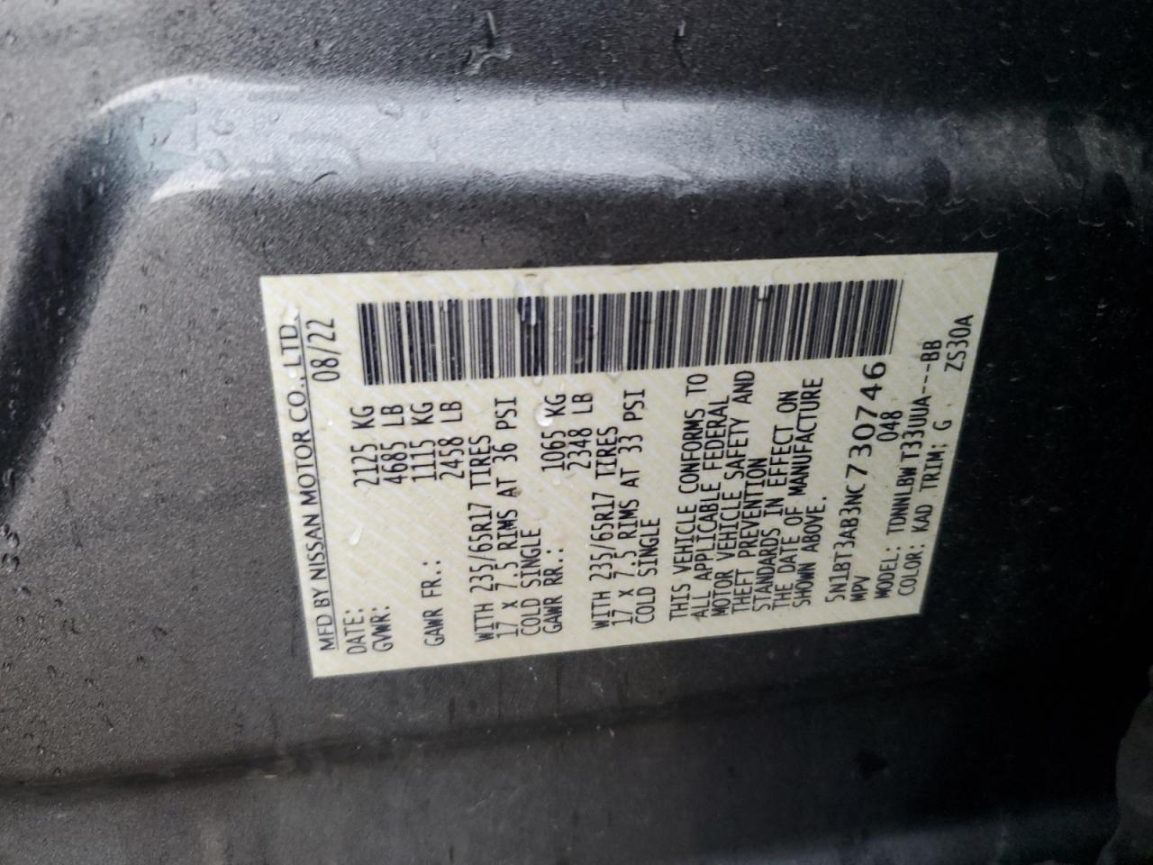 2022 Nissan Rogue S VIN: 5N1BT3AB3NC730746 Lot: 63060305