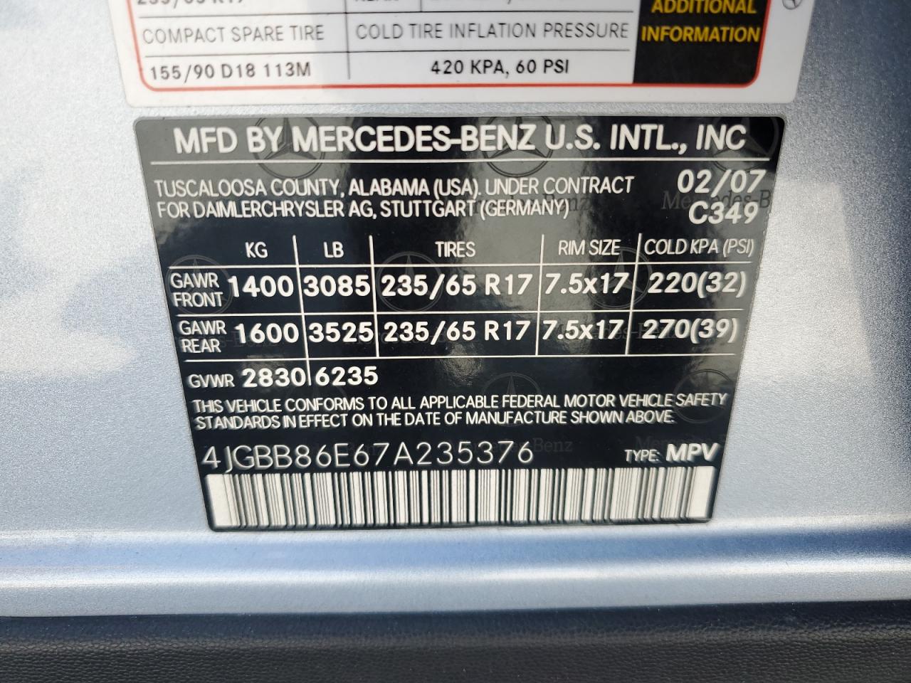 2007 Mercedes-Benz Ml 350 VIN: 4JGBB86E67A235376 Lot: 63530265