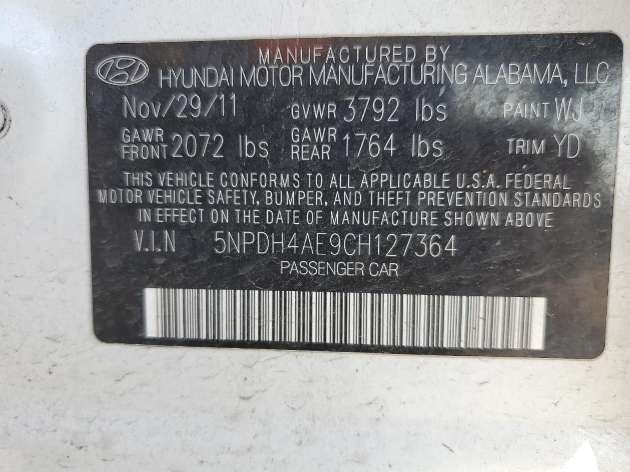 2012 Hyundai Elantra Gls VIN: 5NPDH4AE9CH127364 Lot: 65050105