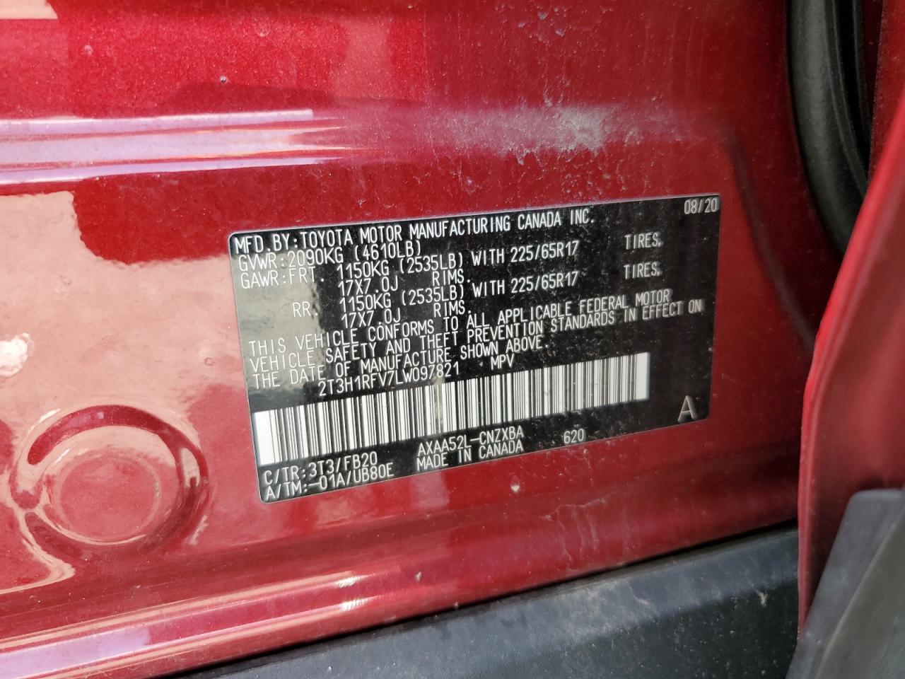 2020 Toyota Rav4 Le VIN: 2T3H1RFV7LW097821 Lot: 64862415