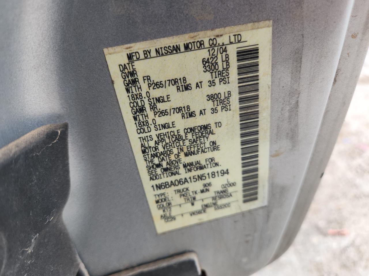 2005 Nissan Titan Xe VIN: 1N6BA06A15N518194 Lot: 64585525