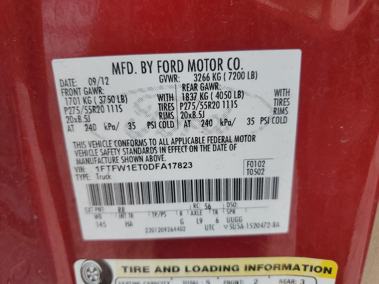 2013 Ford F150 Supercrew VIN: 1FTFW1ET0DFA17823 Lot: 65441555
