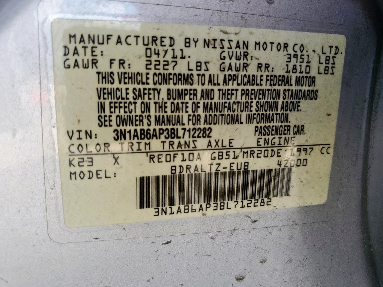 2011 Nissan Sentra 2.0 VIN: 3N1AB6AP3BL712282 Lot: 65039495