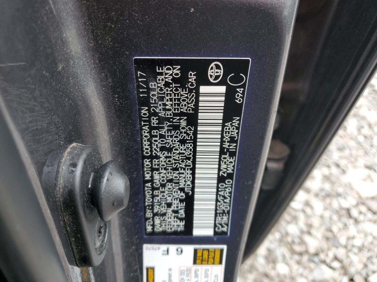 2018 Toyota Prius VIN: JTDKBRFUXJ3581542 Lot: 65370915