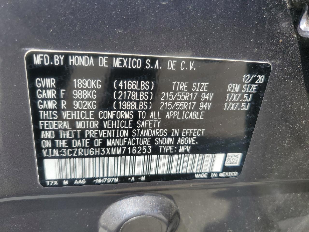 2021 Honda Hr-V Lx VIN: 3CZRU6H3XMM716253 Lot: 62729455