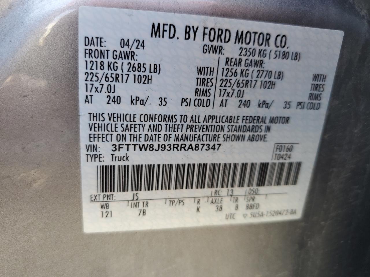 2024 Ford Maverick Xlt VIN: 3FTTW8J93RRA87347 Lot: 63869795