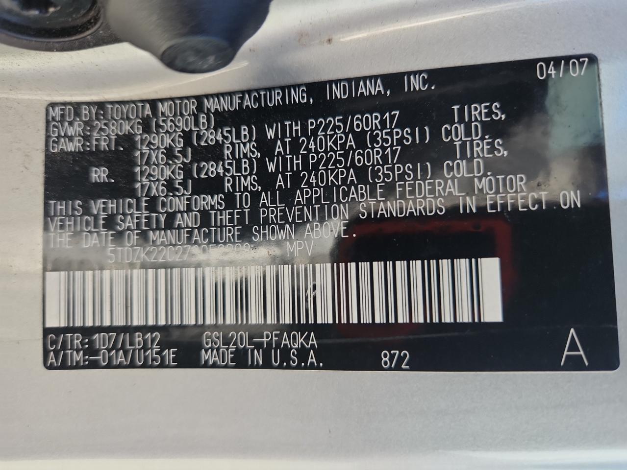 2007 Toyota Sienna Xle VIN: 5TDZK22C27S052208 Lot: 65731785
