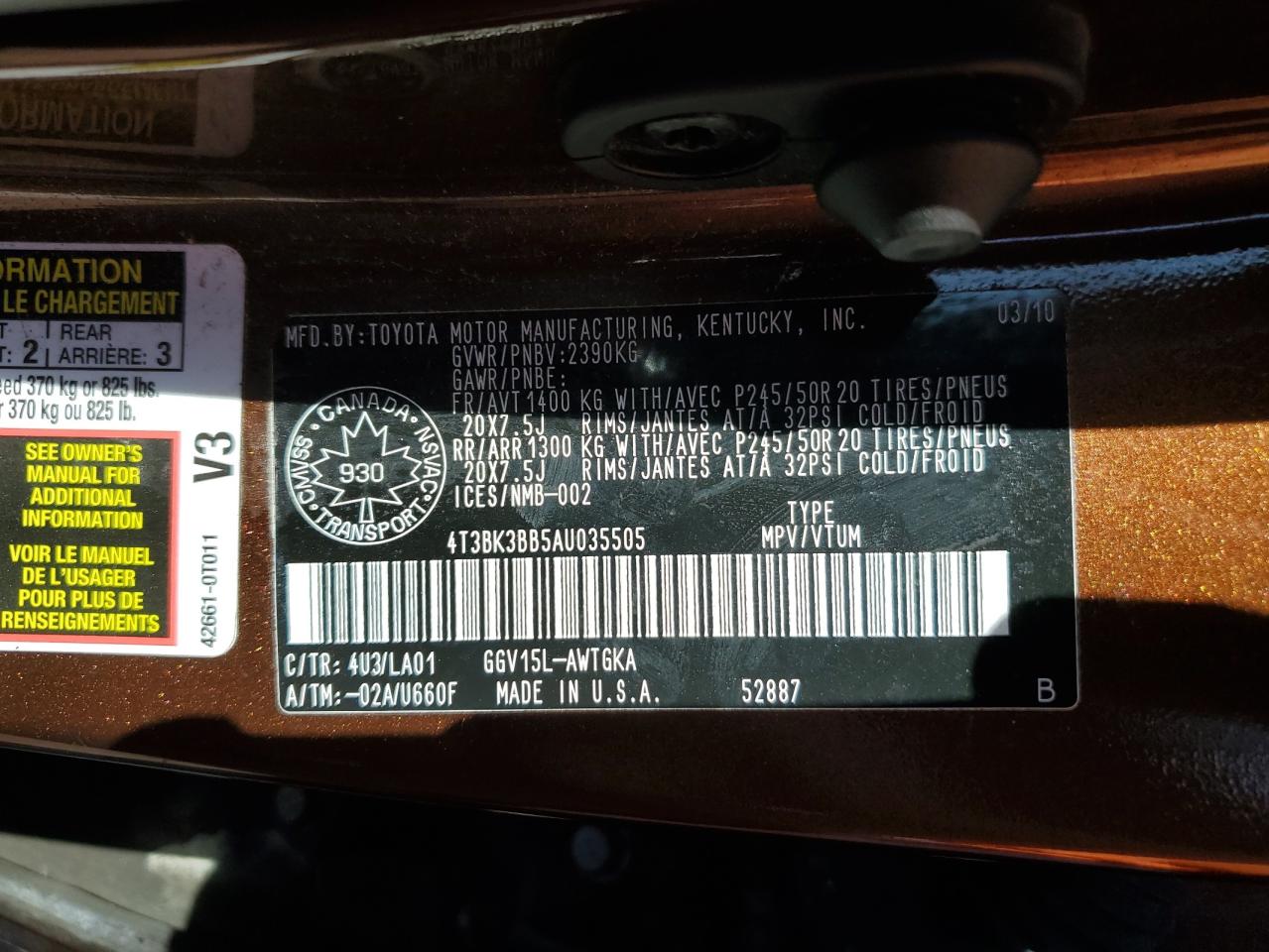 2010 Toyota Venza VIN: 4T3BK3BB5AU035505 Lot: 64663155