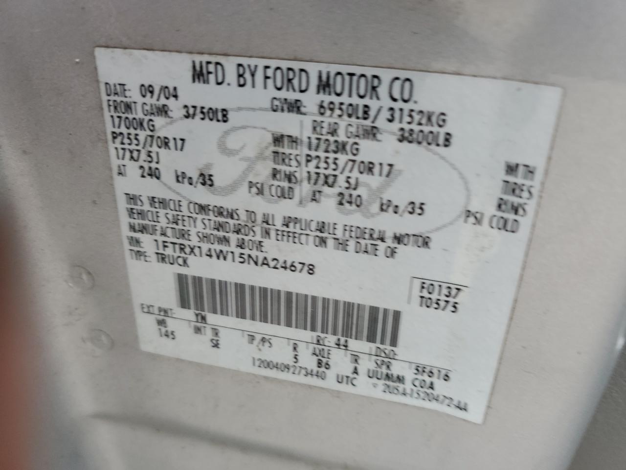 2005 Ford F150 VIN: 1FTRX14W15NA24678 Lot: 65406755