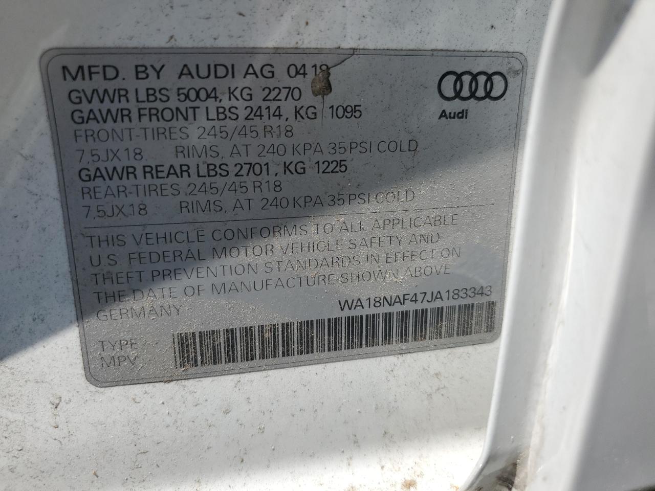2018 Audi A4 Allroad Premium Plus VIN: WA18NAF47JA183343 Lot: 63460975