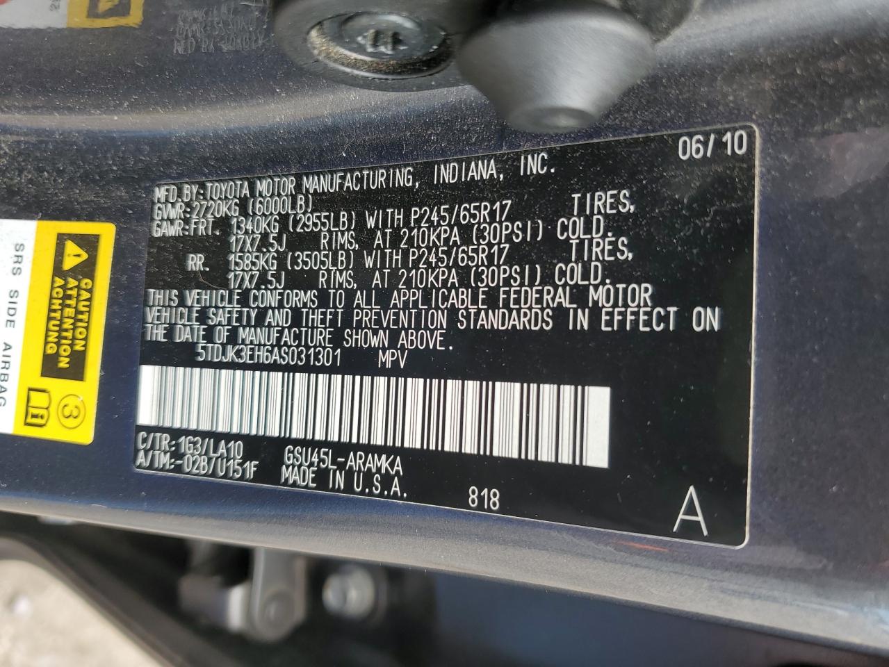 2010 Toyota Highlander Se VIN: 5TDJK3EH6AS031301 Lot: 63433585