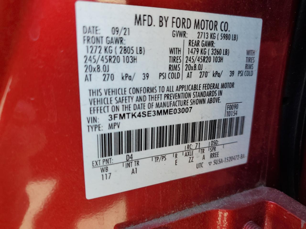 2021 Ford Mustang Mach-E Gt VIN: 3FMTK4SE3MME03007 Lot: 64488485