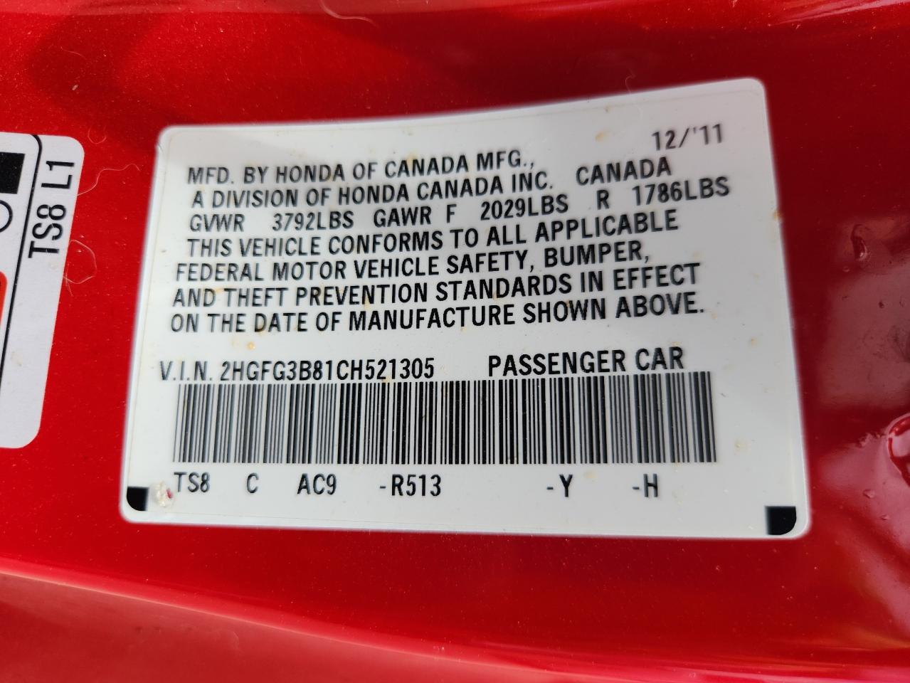 2012 Honda Civic Ex VIN: 2HGFG3B81CH521305 Lot: 64928525