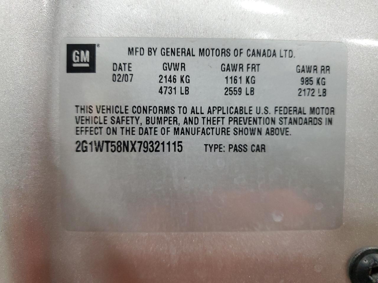 2007 Chevrolet Impala Lt VIN: 2G1WT58NX79321115 Lot: 61064795