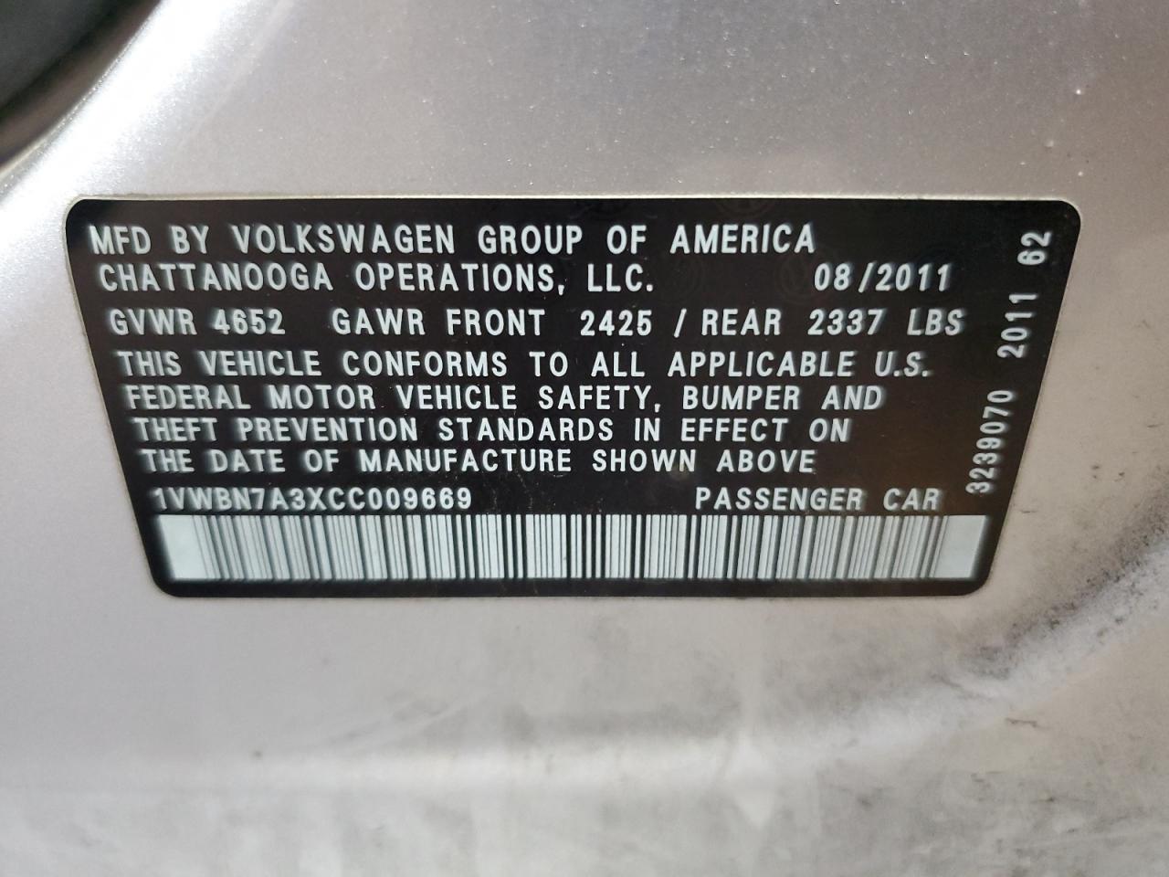 2012 Volkswagen Passat Se VIN: 1VWBN7A3XCC009669 Lot: 63464565