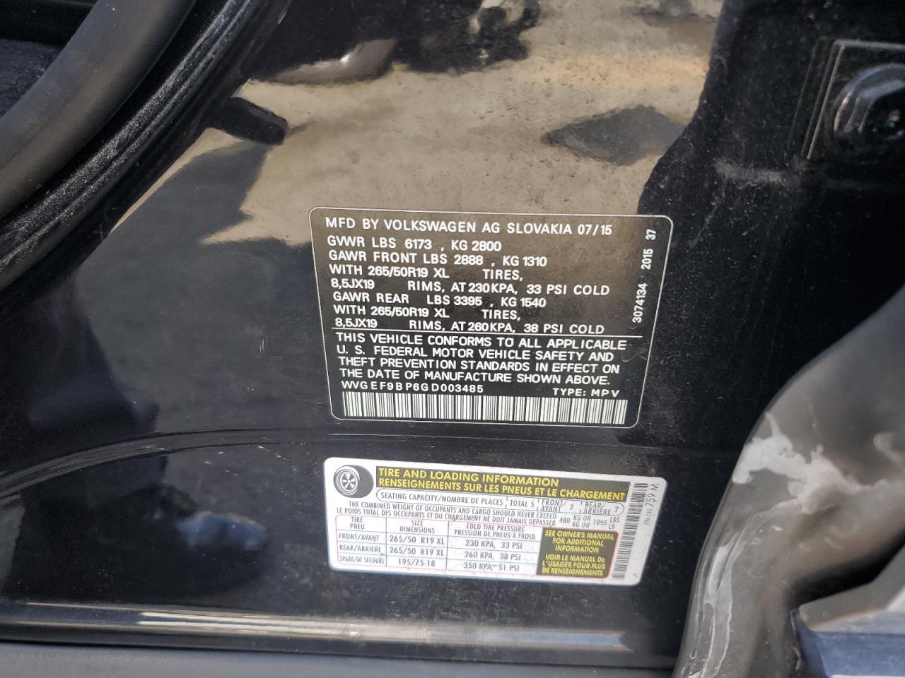 2016 Volkswagen Touareg Sport VIN: WVGEF9BP6GD003485 Lot: 66817995