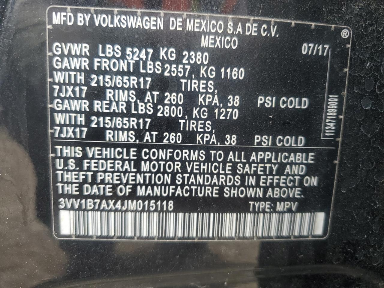 2018 Volkswagen Tiguan S VIN: 3VV1B7AX4JM015118 Lot: 64695235