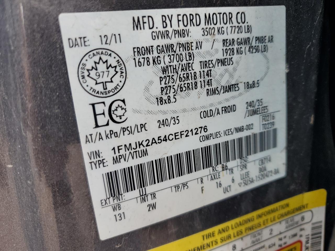 2012 Ford Expedition El Limited VIN: 1FMJK2A54CEF21276 Lot: 62979875