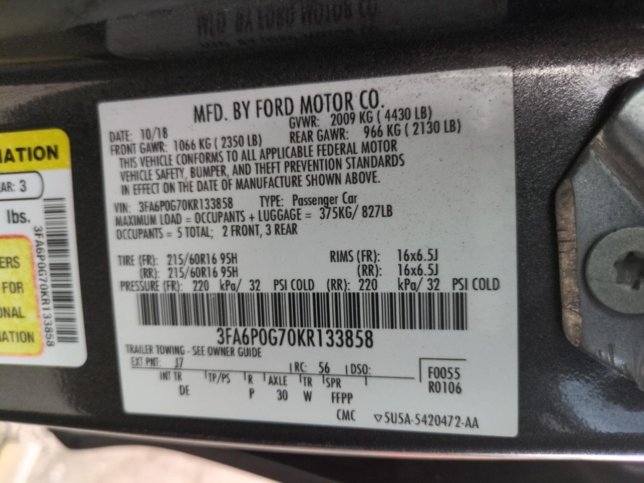 3fa6p0g70kr133858 3FA6P0G70KR133858 2019 Ford Fusion S