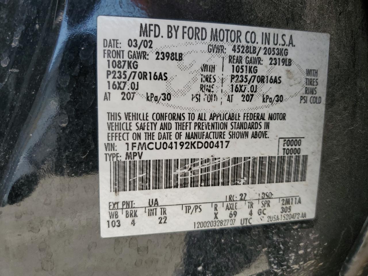 2002 Ford Escape Xlt VIN: 1FMCU04192KD00417 Lot: 64482905