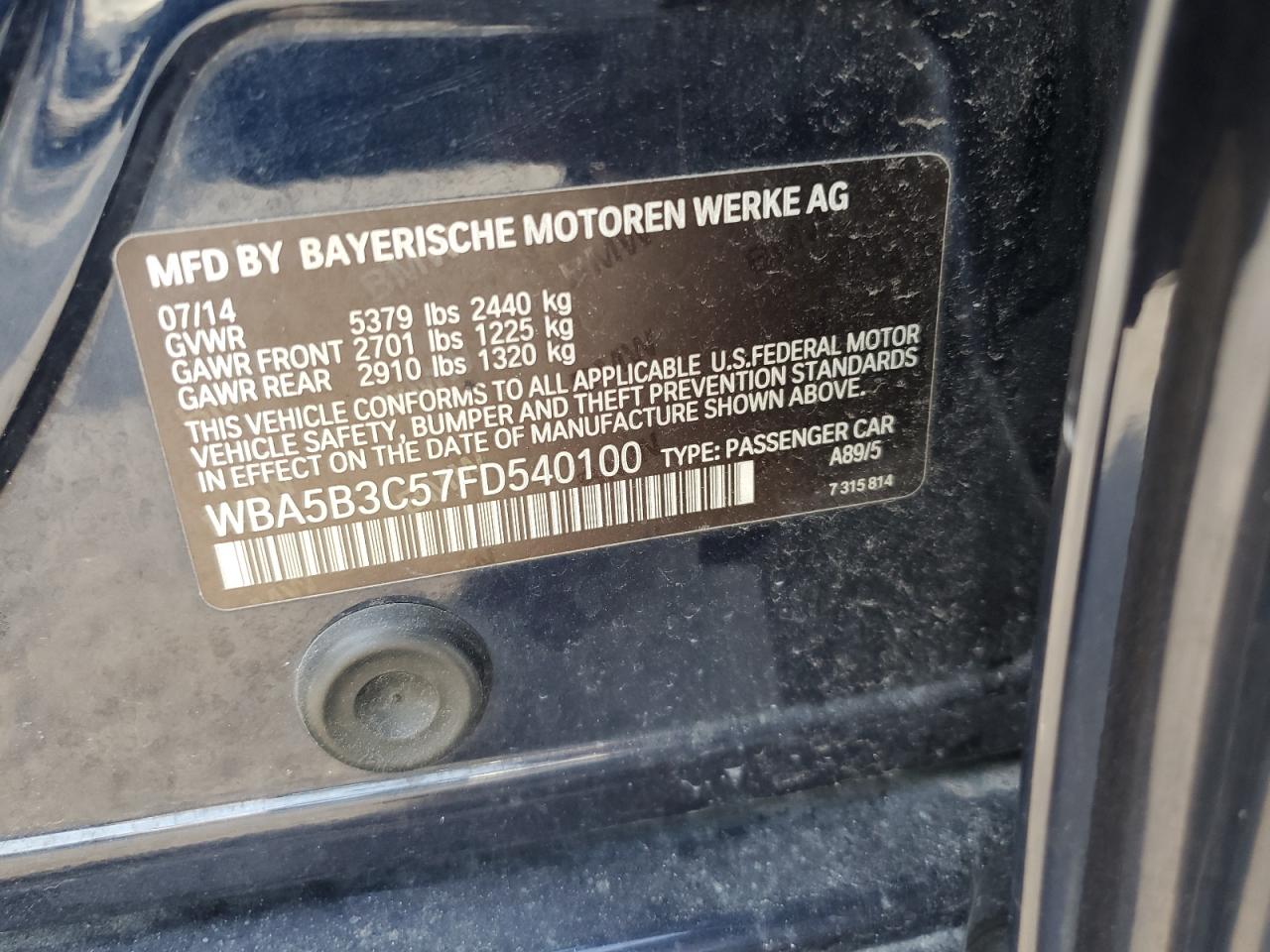 2015 BMW 535 Xi VIN: WBA5B3C57FD540100 Lot: 64419665