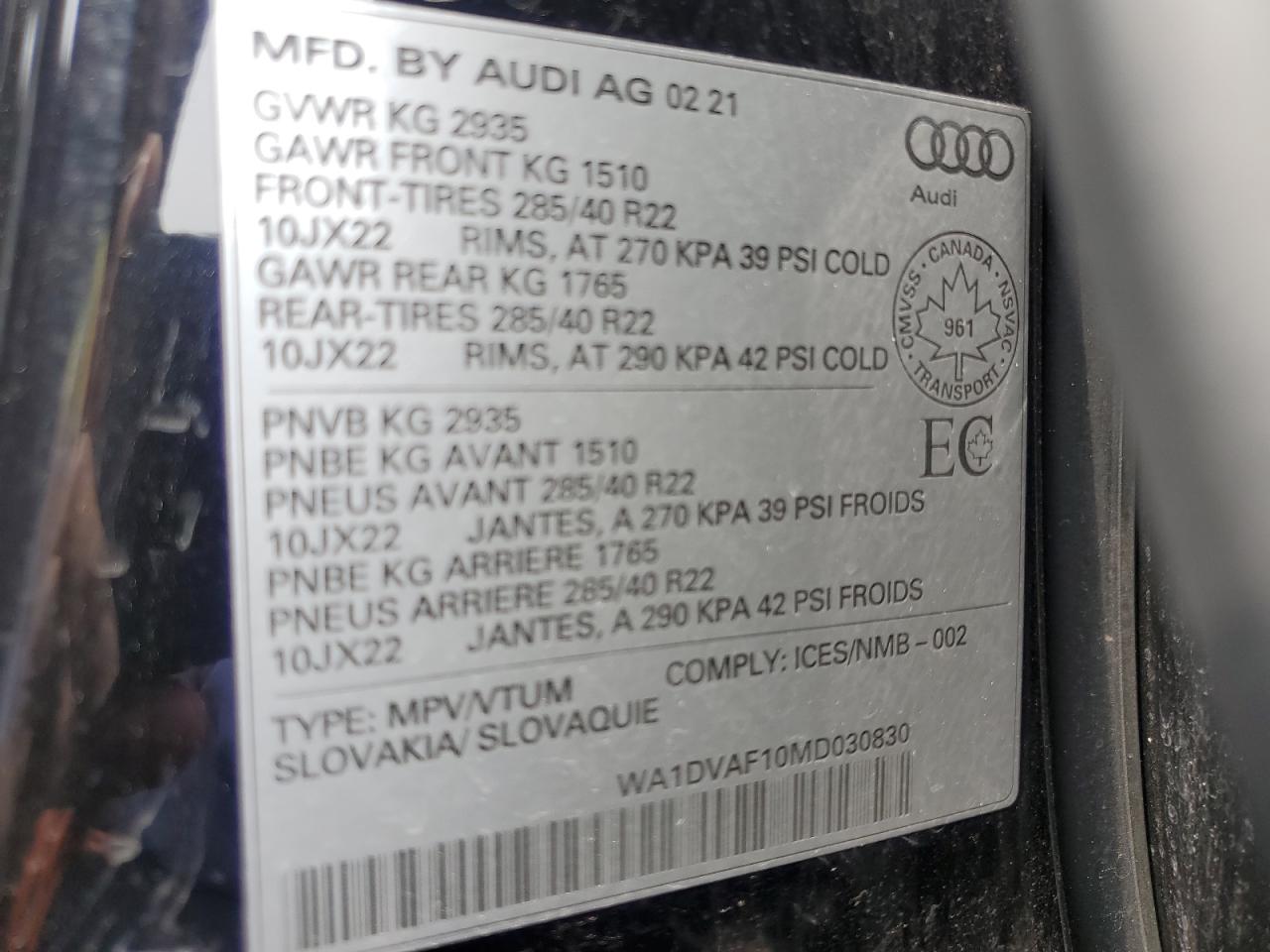 wa1dvaf10md030830 WA1DVAF10MD030830 2021 Audi Q8 Progressiv