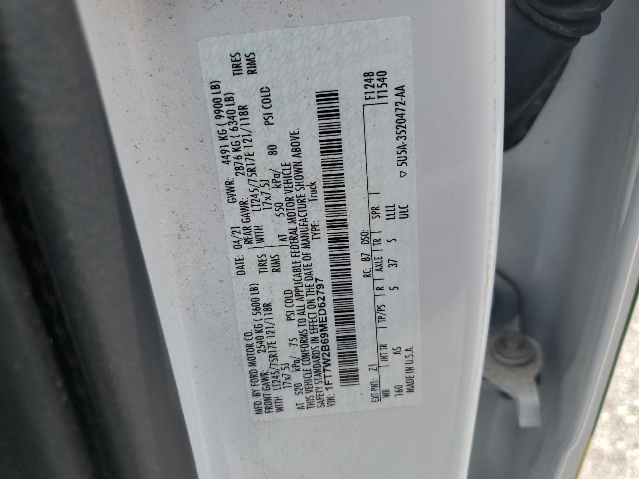 2021 Ford F250 Super Duty VIN: 1FT7W2B69MED62797 Lot: 62474285