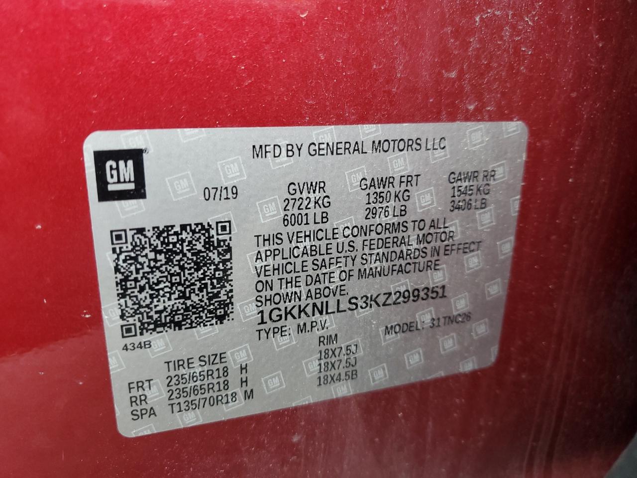 2019 GMC Acadia Sle VIN: 1GKKNLLS3KZ299351 Lot: 63038705