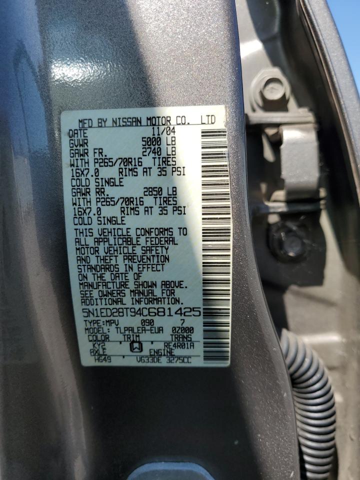 2004 Nissan Xterra Xe VIN: 5N1ED28T94C681425 Lot: 65258755