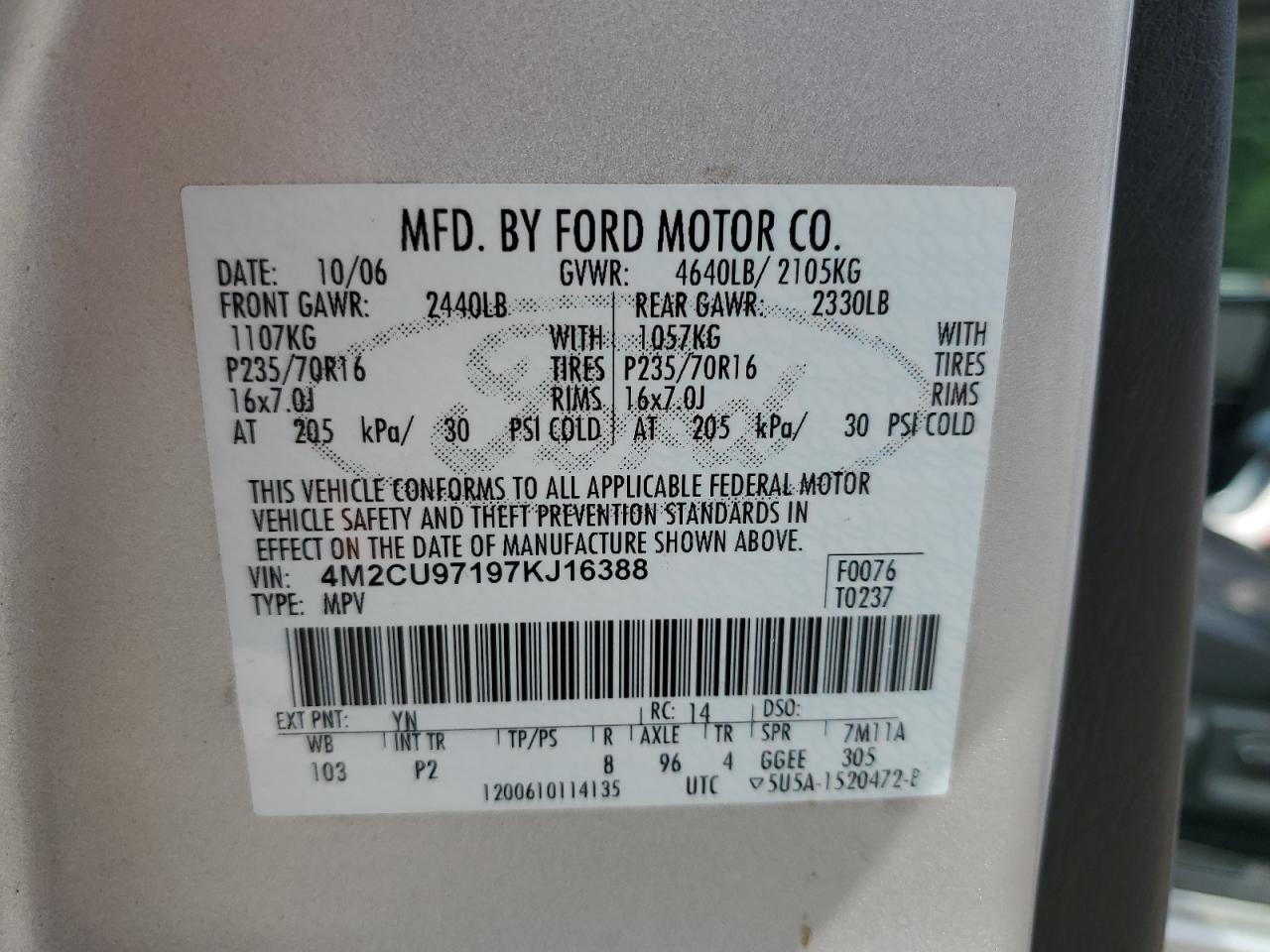 2007 Mercury Mariner Premier VIN: 4M2CU97197KJ16388 Lot: 65154015