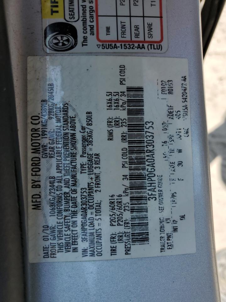 2010 Ford Fusion S VIN: 3FAHP0GA0AR303753 Lot: 66133115