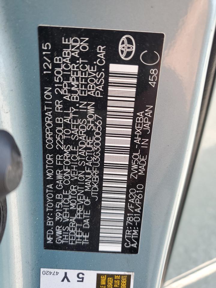 2016 Toyota Prius VIN: JTDKBRFU3G3000567 Lot: 67311985