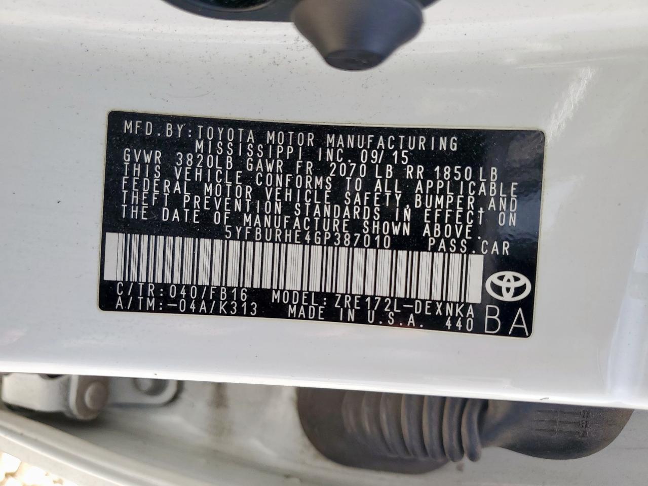 5yfburhe4gp387010 5YFBURHE4GP387010 2016 Toyota Corolla L